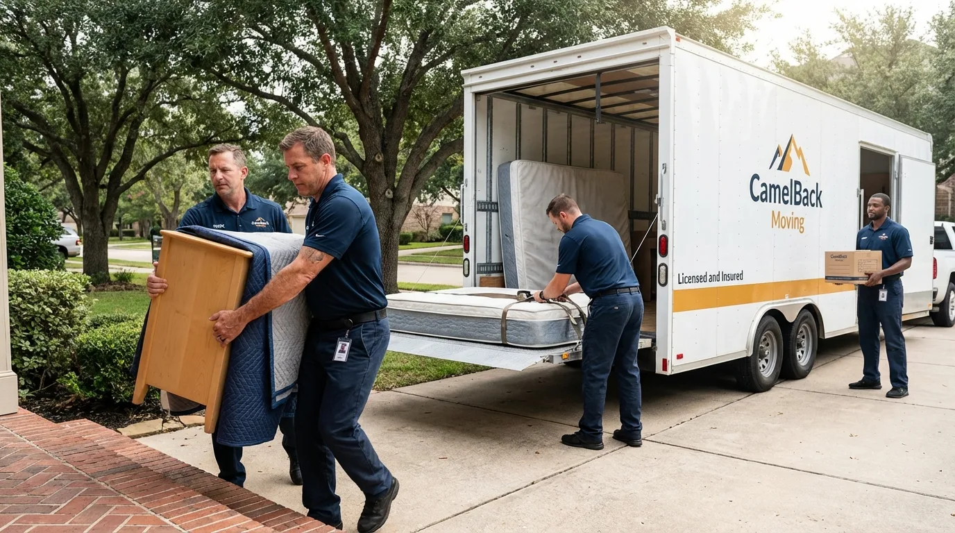 Crew loading residential truck for cross-state move from Reedsburg, WI