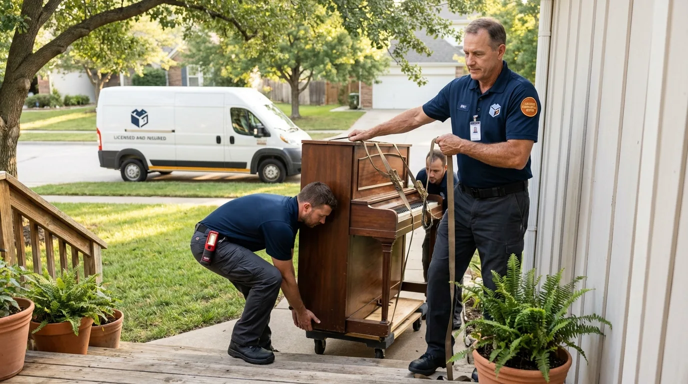 Licensed piano movers securing grand piano in Reedsburg, WI