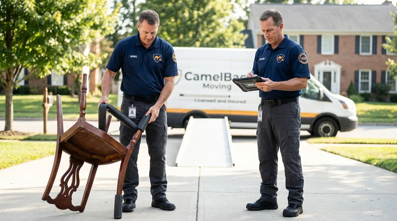 Movers inspecting furniture for damage prevention before loading in Reedsburg, WI