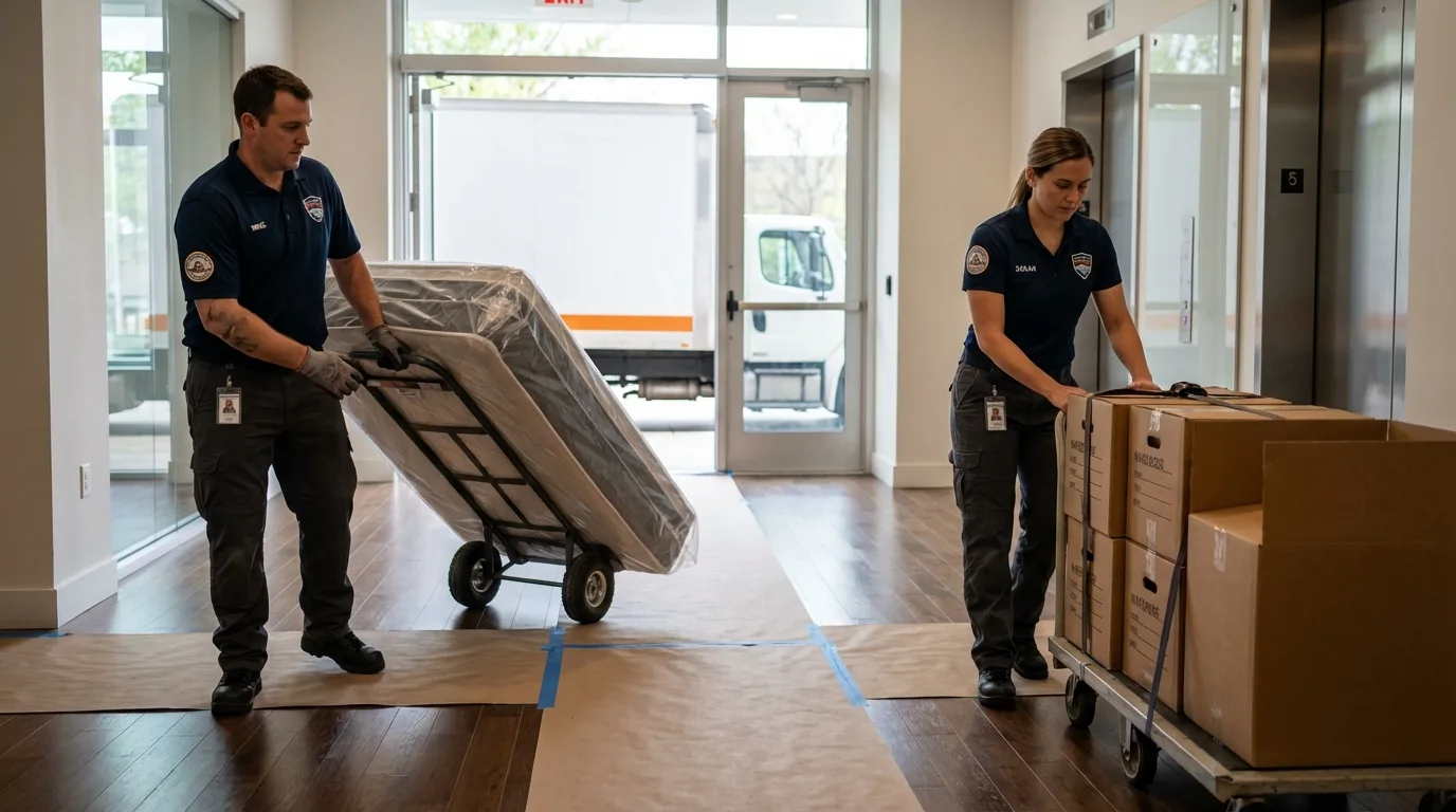Professional apartment movers loading elevator in Reedsburg, WI