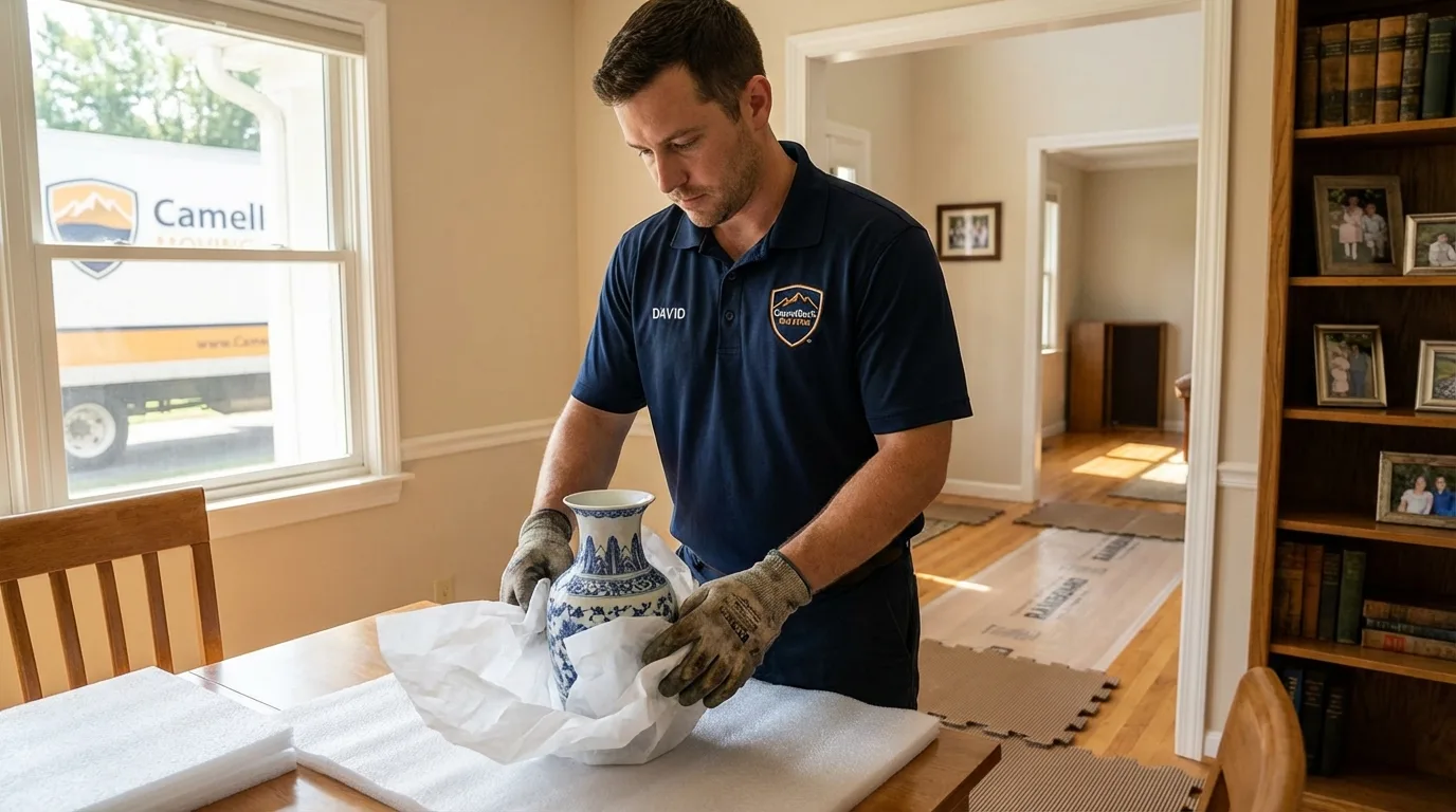 Professional crew carefully wrapping antique vase for senior downsizing move in Reedsburg, WI